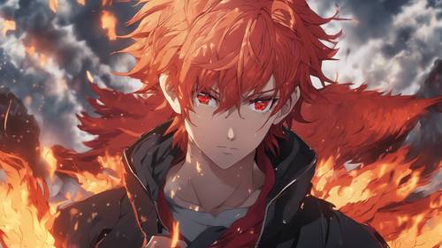Un ragazzo anime con straordinari capelli rossi e occhi da fenice in piedi tra le fiamme.