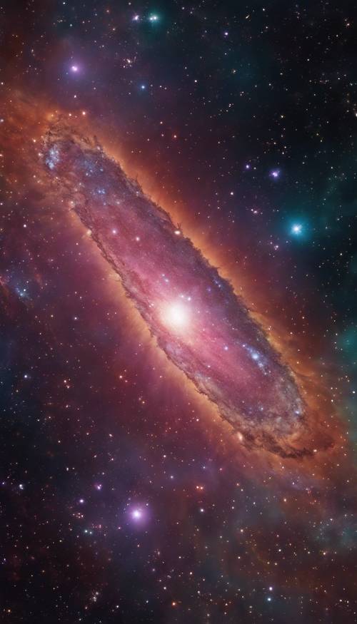 Сцена из глубокого космоса, демонстрирующая завораживающую эллиптическую галактику, наполненную спектром насыщенных и ярких цветов.
