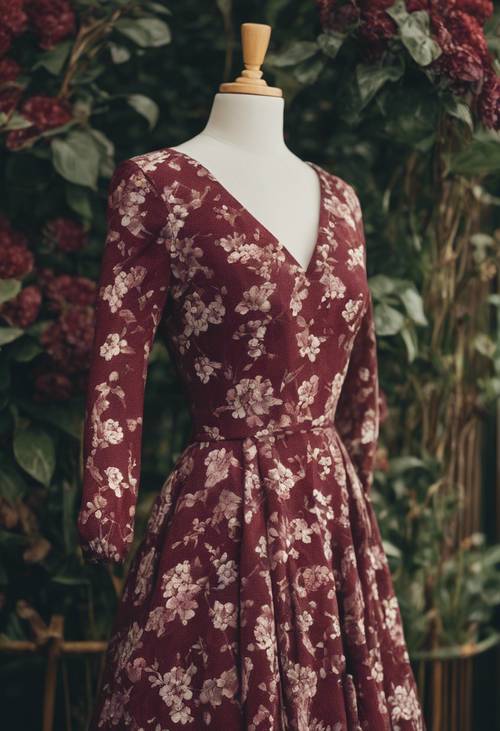 Gaun klasik dengan motif bunga merah anggur, ditampilkan secara elegan pada manekin