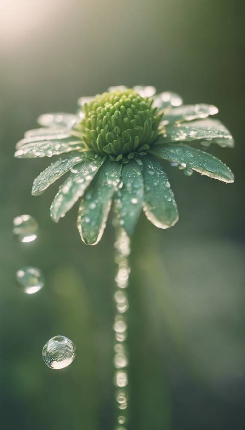 Foto close-up bunga aster hijau bijak, tetesan embun menempel di kelopaknya.