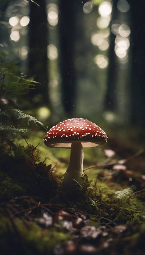 A toadstool mushroom in a dark forest illuminated from beneath creating a fairy-like environment.