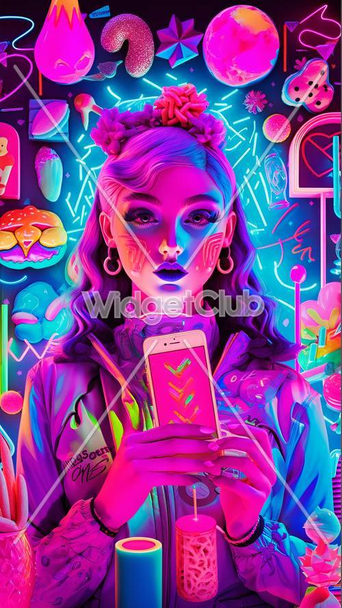 Chica colorida del arte de neón sosteniendo un teléfono inteligente