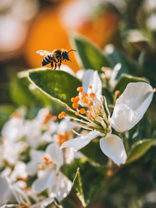 플로리다의 주화를 상징하는 꿀을 모으는 꿀벌과 함께 피어난 오렌지색 꽃의 클로즈업입니다.