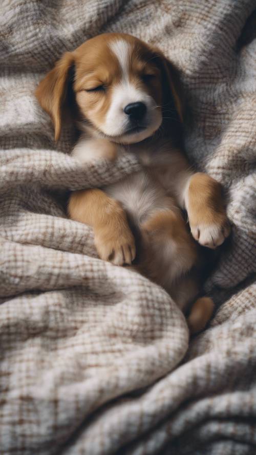 Minimalist bir tarzda tasvir edilmiş, yumuşak, kareli bir battaniyenin üzerinde huzur içinde uyuyan yalnız, sevimli bir köpek yavrusu.