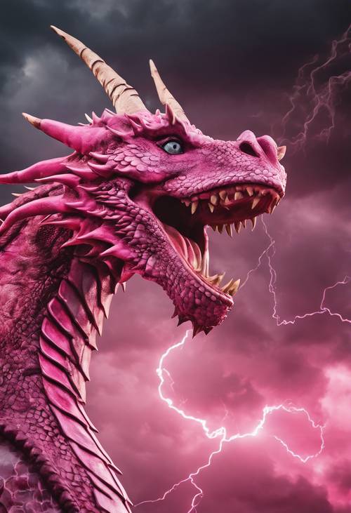 Graffiti art of a fierce pink dragon breathing fire against a stormy sky. Divar kağızı [67f593d764614e88b290]