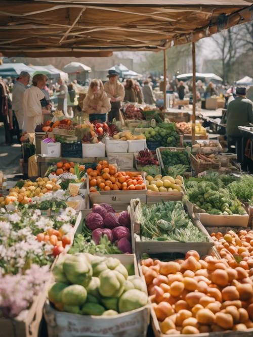A lively farmer's market on a cool, clear spring morning, abundant with fresh fruits, vegetables, and spring flowers.