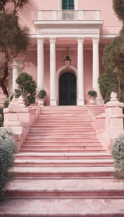 Degraus de mármore rosa pastel que levam a uma grande mansão.
