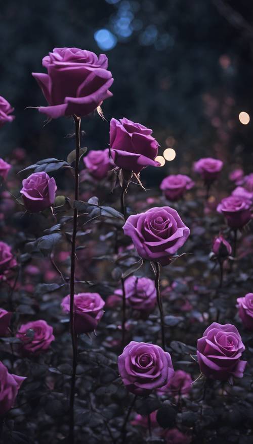 Um jardim escuro iluminado pela lua, onde rosas roxas e pretas florescem abundantemente.