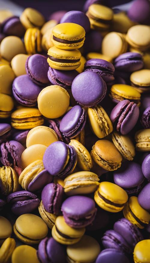 Крупный план миски с фиолетовыми и желтыми миндальными печеньями.