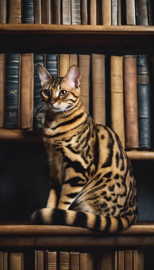 A golden striped Bengal cat sitting elegantly on a dark oak bookshelf.