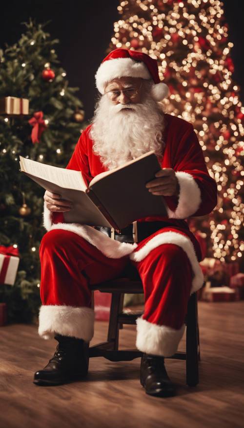 그의 상징적인 빨간 옷을 입은 산타클로스는 반짝이는 크리스마스 트리를 배경으로 이름 목록을 읽고 있습니다.