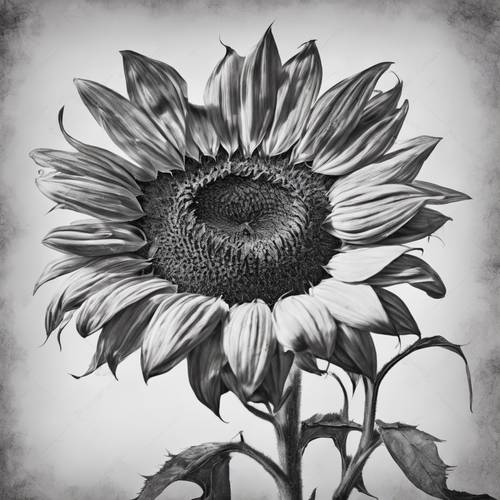 Sketsa hitam putih kepala bunga matahari dengan gaya cetakan botani kuno.