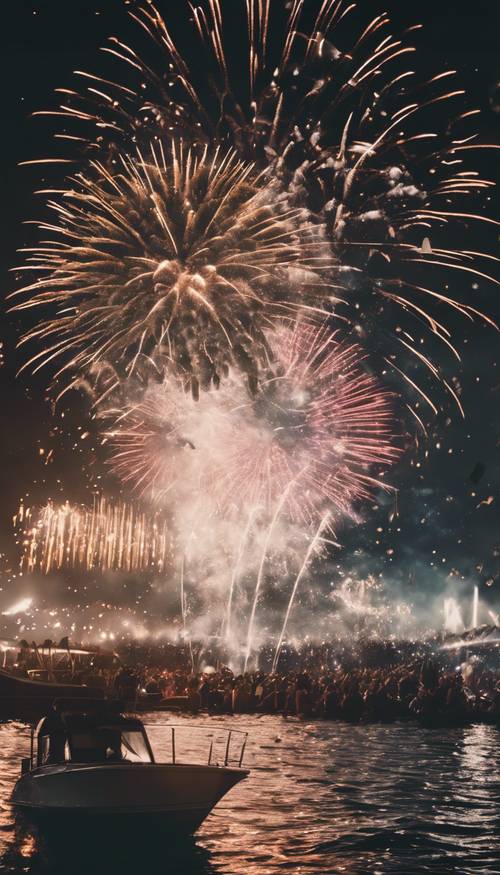 Silvesterfeuerwerk explodiert am Himmel über einer gehobenen, adretten Yachtparty.