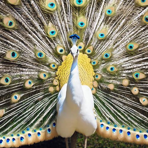 Eine Nahaufnahme des extravaganten Gefieders eines weißen Pfaus, das die Eleganz der Natur wunderbar zur Schau stellt.