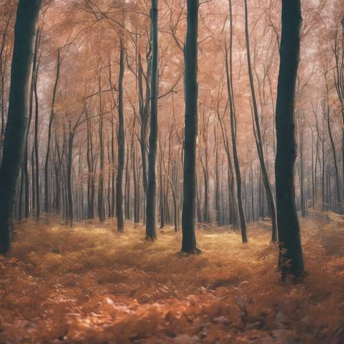 Abstrakcyjne przedstawienie lasu jesienią w pastelowych kolorach.