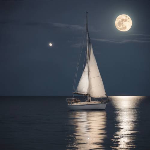 A leisurely white sailboat drifting silently across the ocean under a pearly full moon.