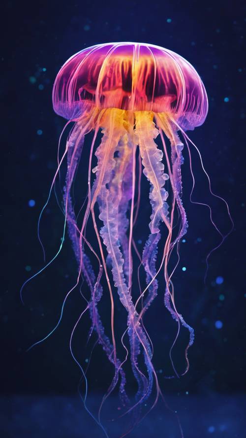 Una medusa fluorescente flotando en las profundidades del mar.