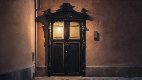 A vintage antique door painted in black glitter under the subtle glow of a street lamp.