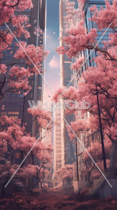 Flores de cerejeira rosa em uma paisagem urbana mágica