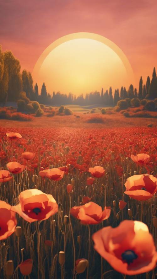 A digital rendering of a futuristic poppy field under a golden sunset.