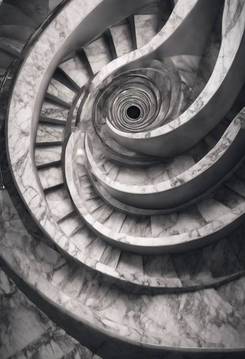 An artistic, monochromatic image of marble stairs spiraling upwards.