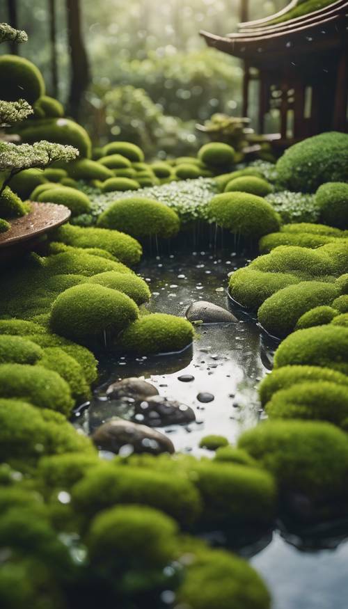 陣雨後鬱鬱蔥蔥的禪宗苔蘚花園。