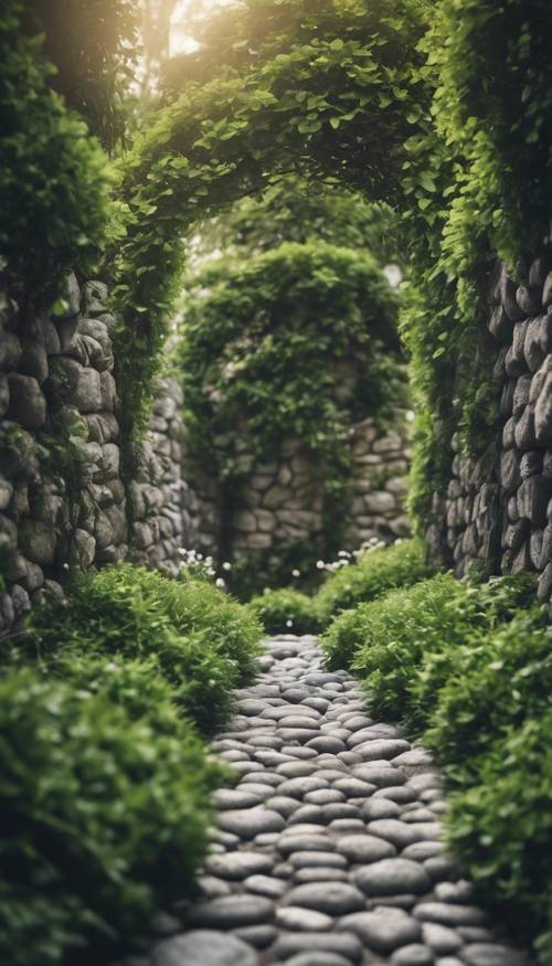 A charming pathway made of neat gray stones surrounded by lush greenery