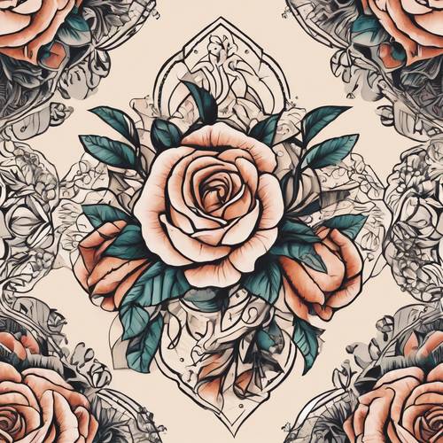 L’image présente un motif de tatouage floral mexicain qui mélange des roses traditionnelles avec des formes géométriques contemporaines.