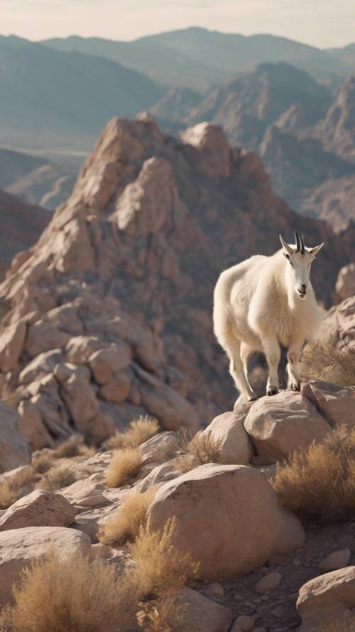 山羊在午後的陽光下攀登岩石沙漠山脈。
