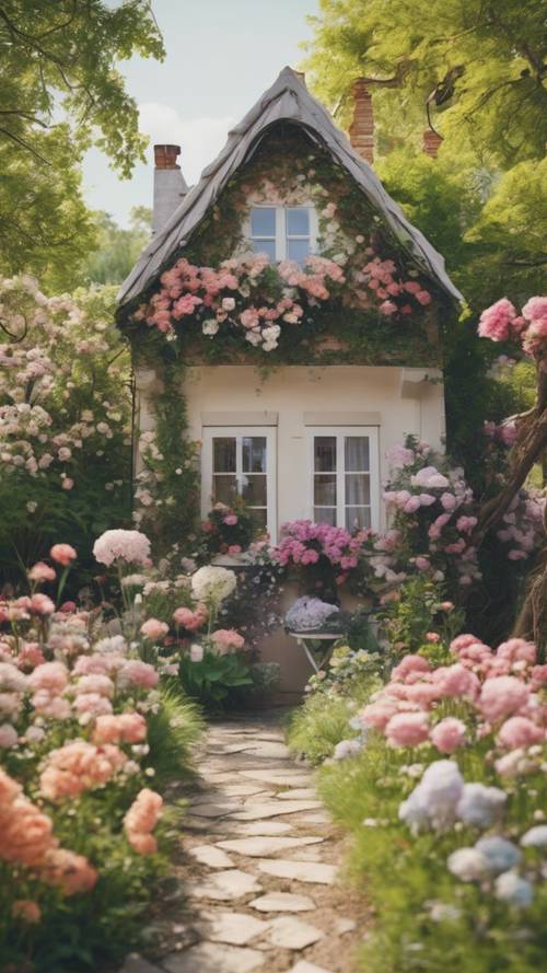 一座古色古香的小屋，周圍環繞著春天鮮花盛開的花園，營造出一種寧靜而美麗的美感。