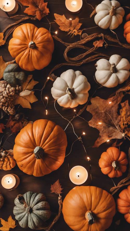Çeşitli mini balkabakları, sonbahar yaprakları ve Instagram&#39;a layık dize ışıklarıyla estetik, düz bir Şükran Günü dekoru.