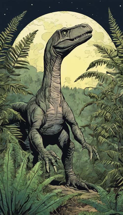 דינוזאור קריקטורה בודד וארוך צוואר מחפש מזון בין שרכים פרהיסטוריים ענקיים תחת שמים מוארים.