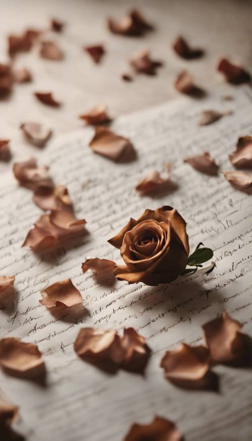 손으로 쓴 오래된 연애편지 위에 갈색 장미 꽃잎이 부드럽게 떨어지는 모습.