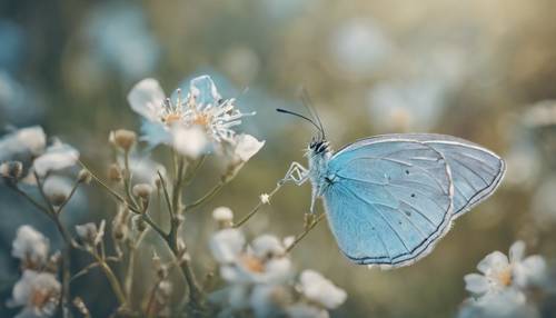 Seekor kupu-kupu biru muda yang lembut duduk dengan lembut di atas bunga segar yang mekar.
