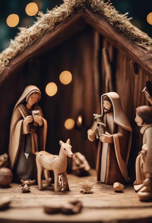 Eine handgefertigte Weihnachtskrippe aus braunem Vintage-Holz stellt die Weihnachtsgeschichte dar.