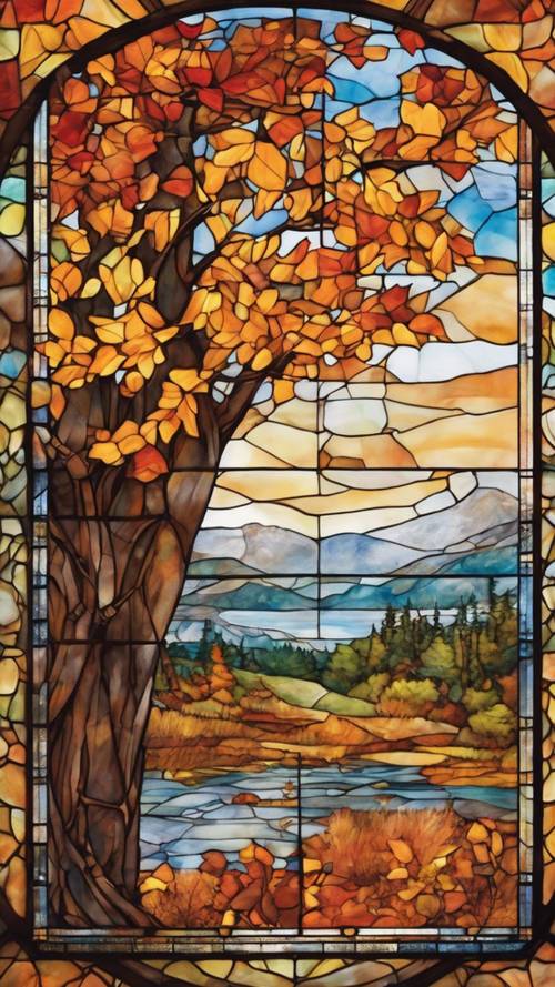 A calendar page of October, painted to resemble stained glass and framing an autumn scenery. Tapeta [228c5647afdc48aca1cd]