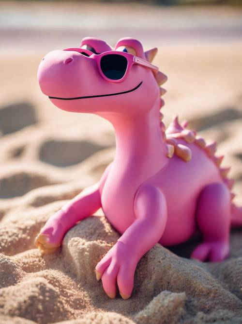Un dinosaurio rosa yace perezosamente en una playa con sus gafas de sol, disfrutando de un día soleado.