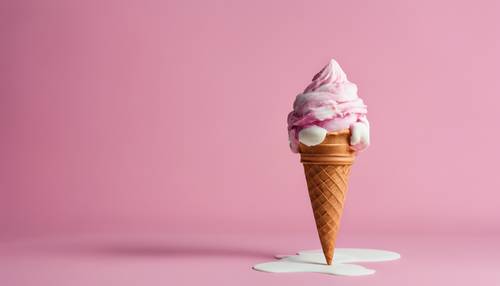 Kerucut es krim dengan sajian lembut berwarna merah muda dan putih yang diaduk.