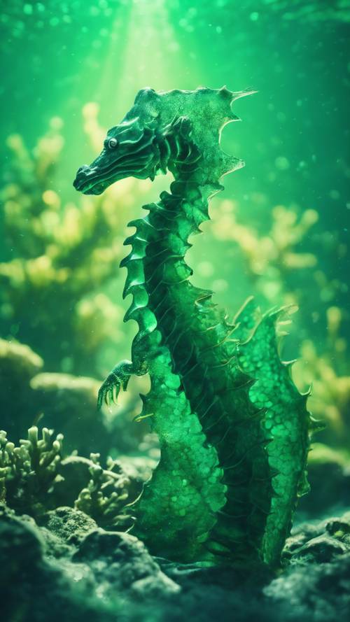 Um dragão marinho emergindo das profundezas de um oceano verde esmeralda