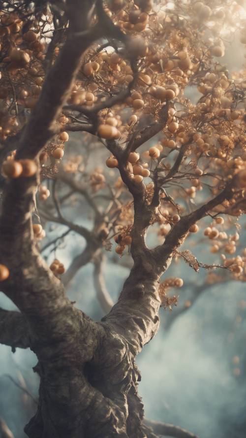 Un árbol mítico cuyos frutos mágicos liberan remolinos de humo de tonos suaves.