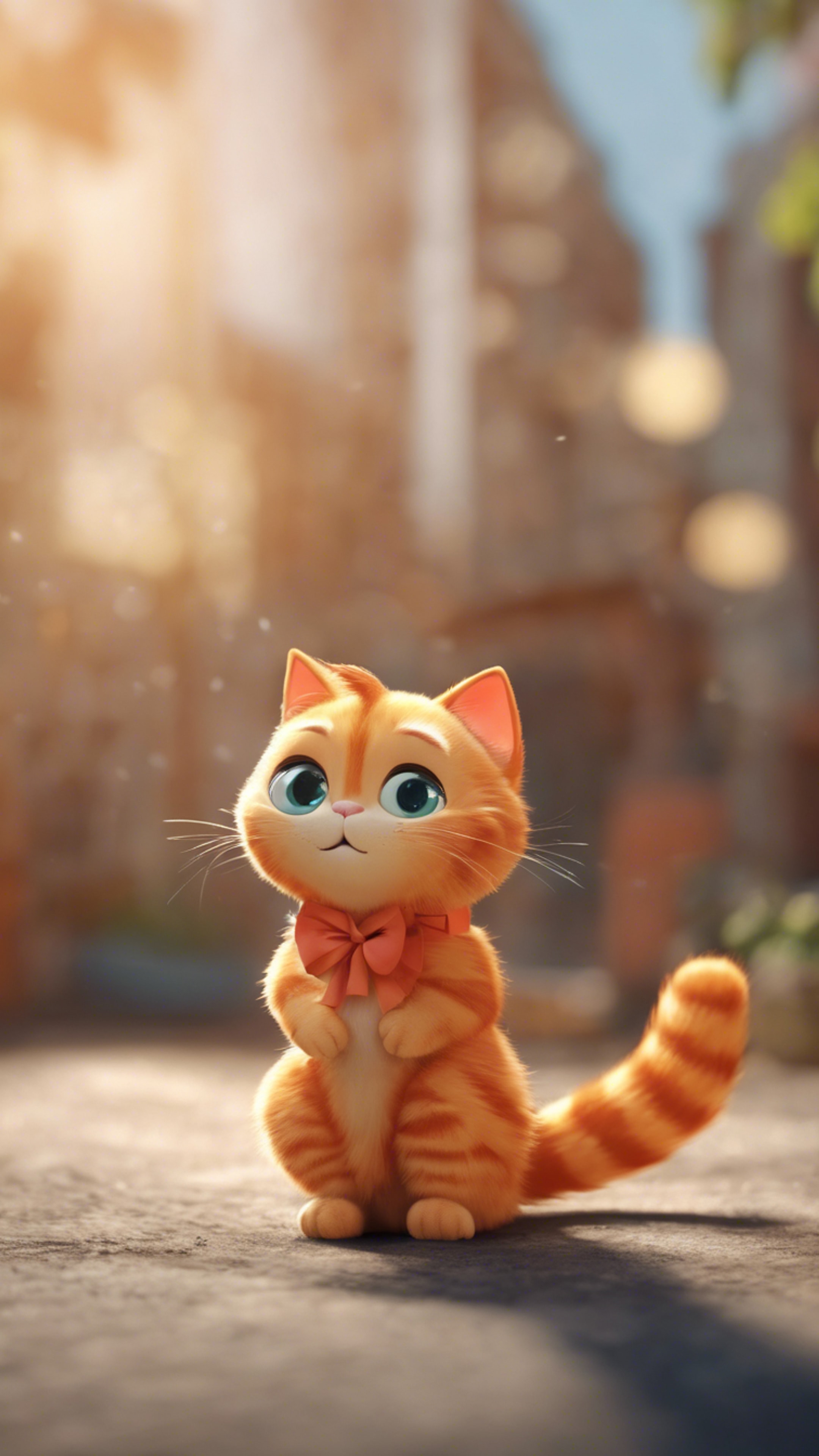 A cute, cartoon orange cat with a bow on its tail. Wallpaper[fd515b5f56b2448db836]