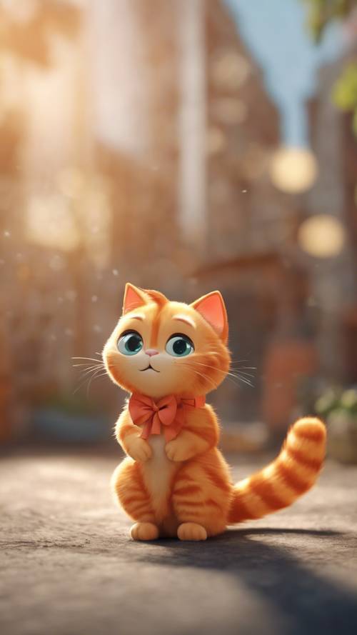 Un mignon chat orange de dessin animé avec un arc sur sa queue.