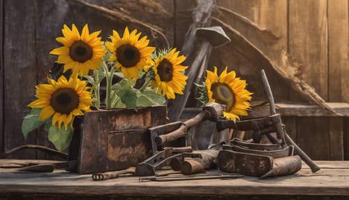 Tablo lukisan benda mati vintage yang menampilkan bunga matahari dan peralatan pertanian berkarat.