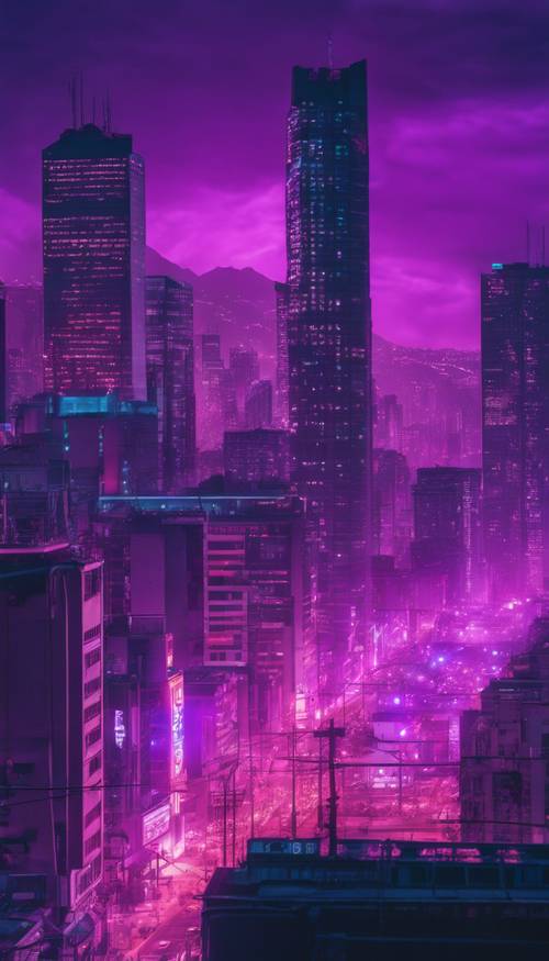 O horizonte de uma cidade banhado por uma luz neon roxa do anoitecer ao amanhecer.