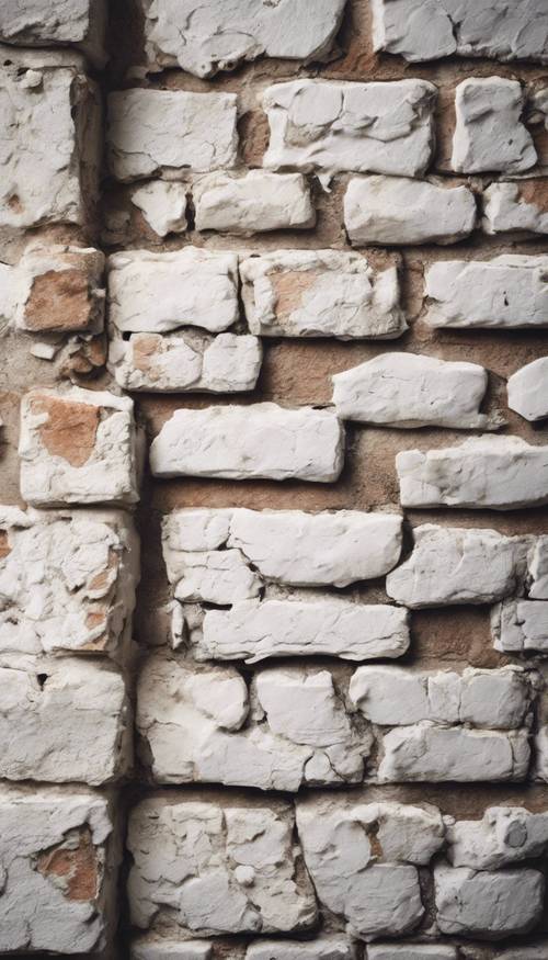 Vista de perto de uma parede de tijolos brancos com um toque antigo e rústico.