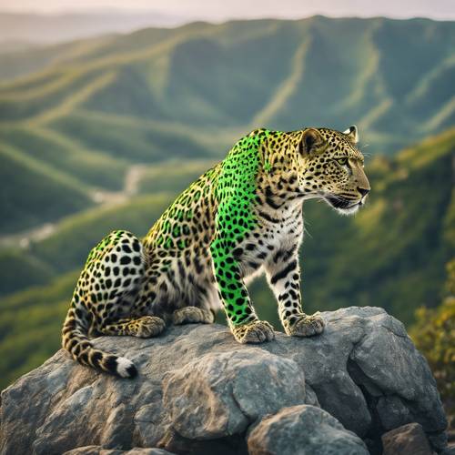 A green leopard perched high on a rocky mountain, overlooking a valley below. Tapeta [d65acf5cd5e94c6b8049]