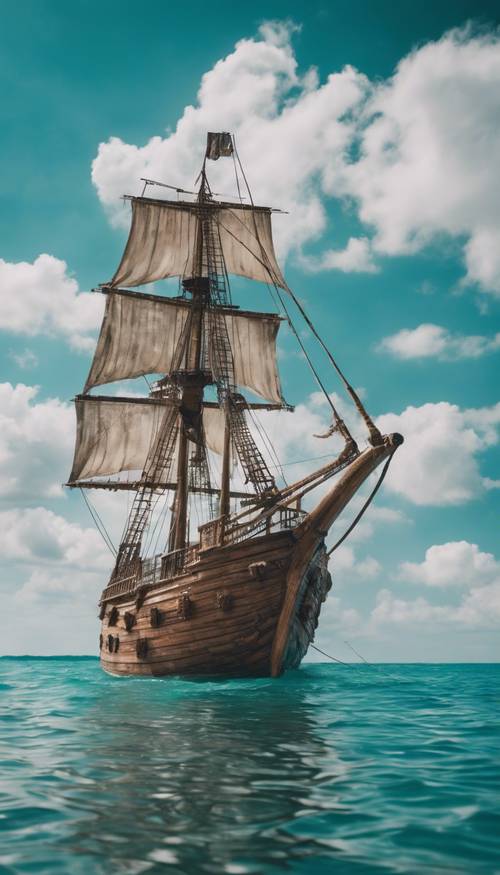 一艘古老的木船在飘扬着蓬松白云的天空下航行在平静的蓝绿色海水中。