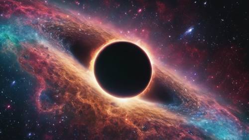 Ein dramatisches kosmisches Ereignis, bei dem ein schwarzes Loch im Zentrum einer Galaxie die umliegenden Sterne verschlingt und ein Farbenspiel erzeugt