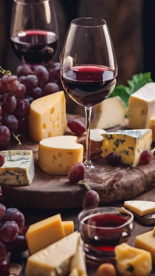 Bir bardak kırmızı şarabın etrafında çeşitli peynir türlerinin girdabını gösteren sanatsal bir görüntü.