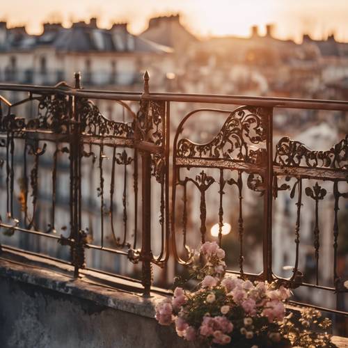 منظر غروب الشمس لمدينة باريس القديمة كما يُرى من خلال شرفة مزخرفة ومزخرفة بالحديد.